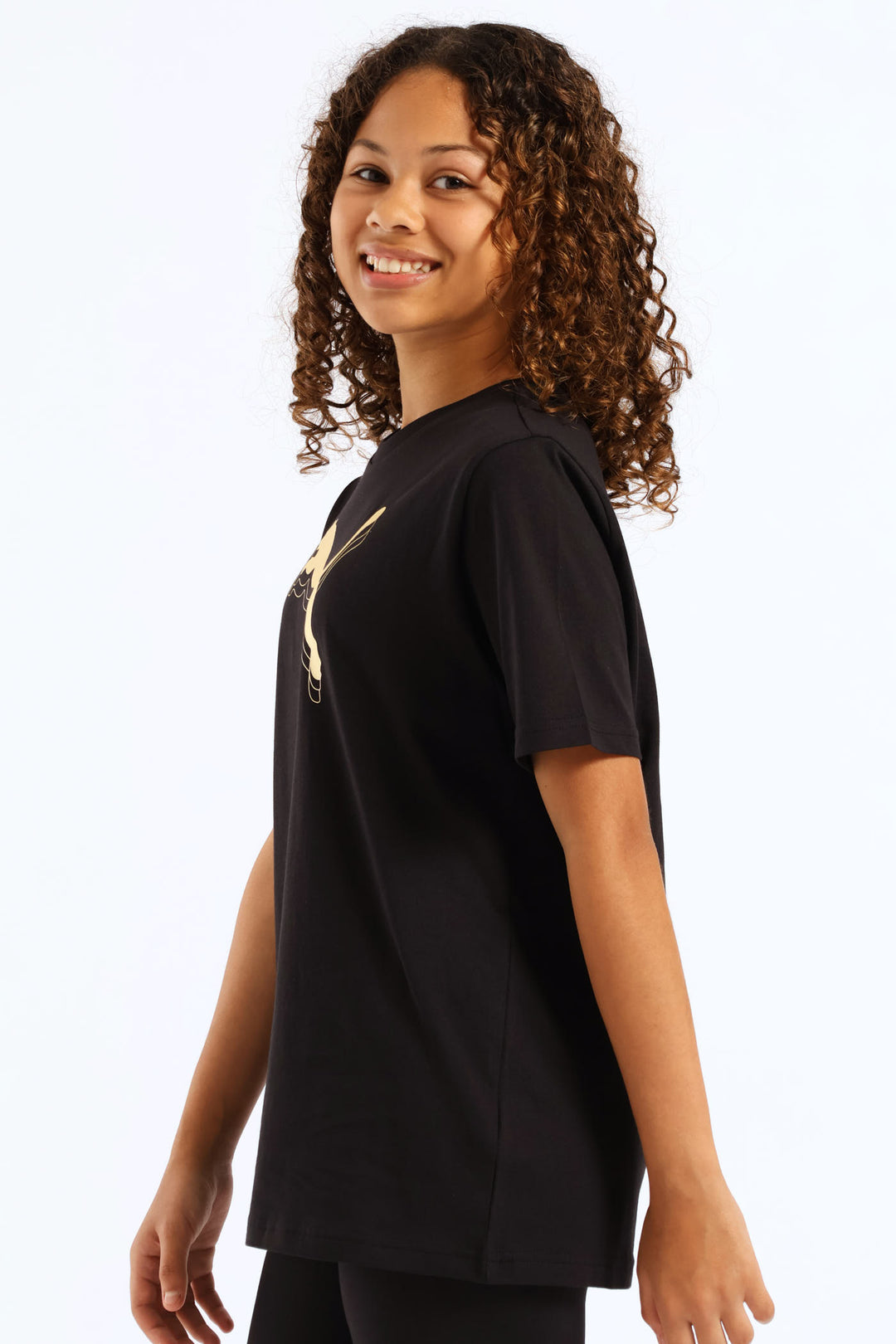 Girls Essential Metallic Cat Tee - Black