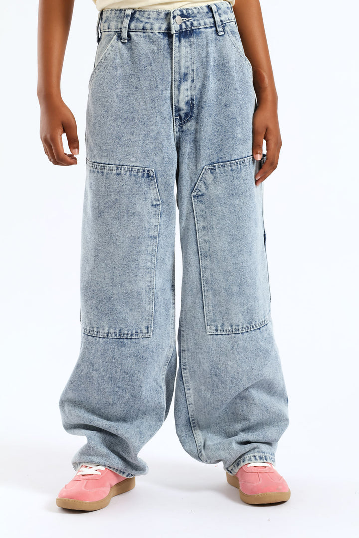 Girls Pocket Detail Carpenter Denim - Acid Wash