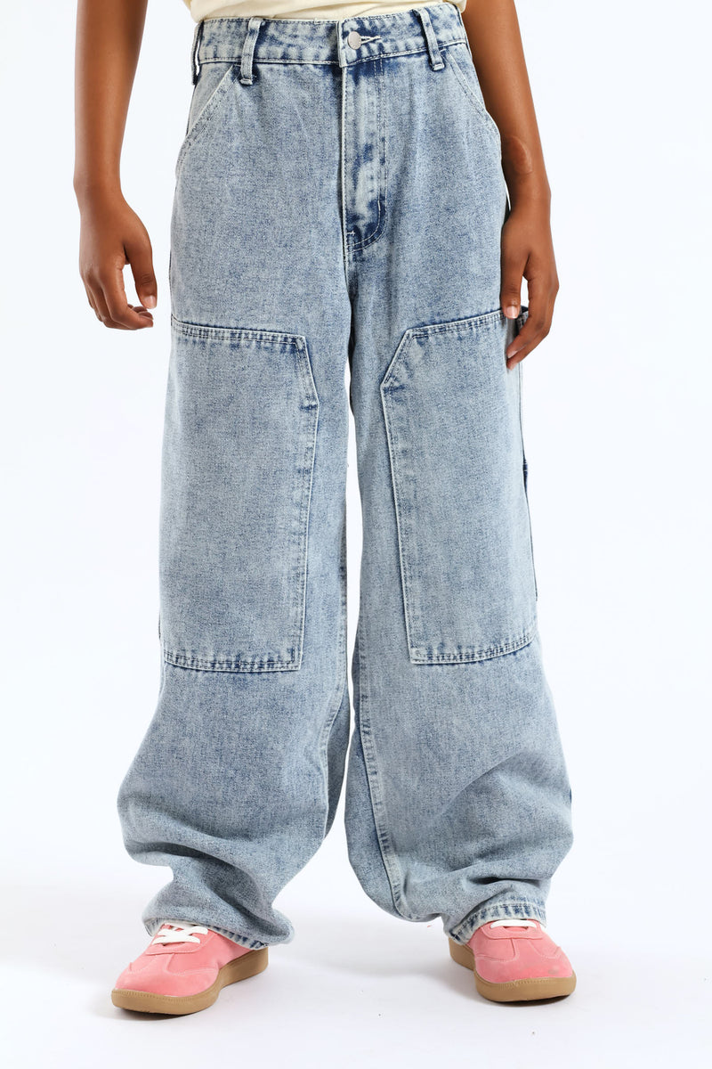 Girls Pocket Detail Carpenter Denim - Acid Wash