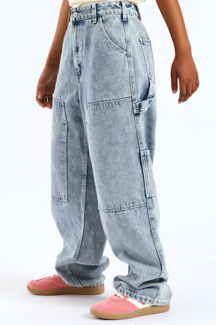 Girls Pocket Detail Carpenter Denim - Acid Wash