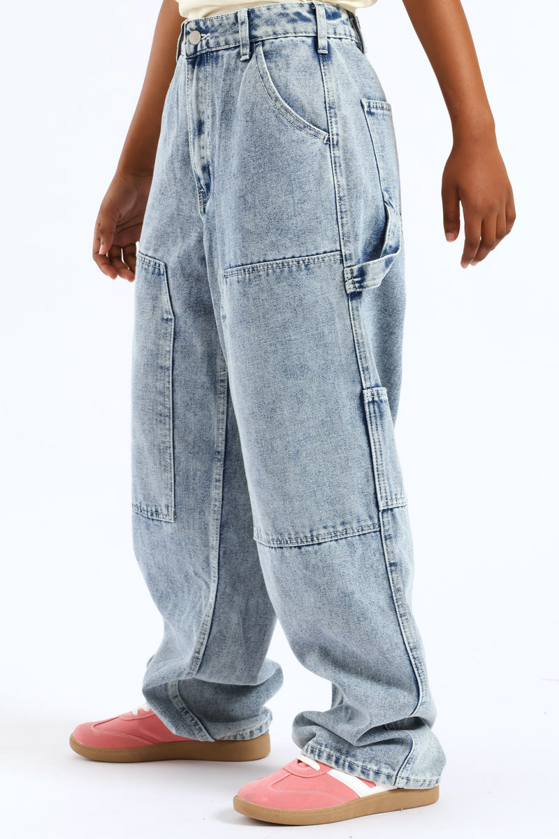 Girls Pocket Detail Carpenter Denim - Acid Wash