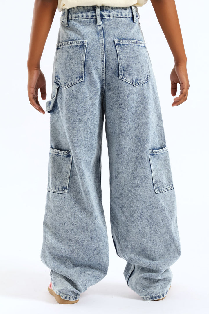 Girls Pocket Detail Carpenter Denim - Acid Wash