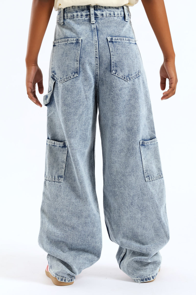 Girls Pocket Detail Carpenter Denim - Acid Wash