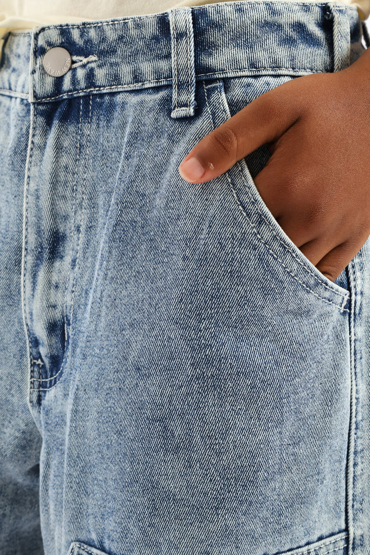 Girls Pocket Detail Carpenter Denim - Acid Wash