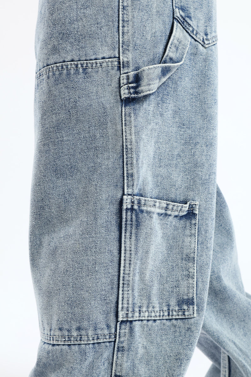 Girls Pocket Detail Carpenter Denim - Acid Wash