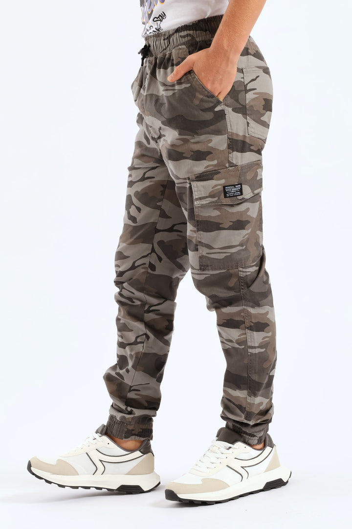 Boys Camo Print Cargo Jogger - Grey
