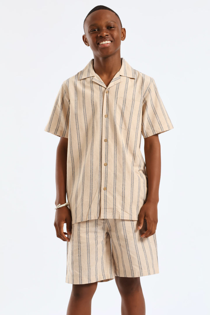 Boys Stripe Linen Blend Shirt - Stone/Blue