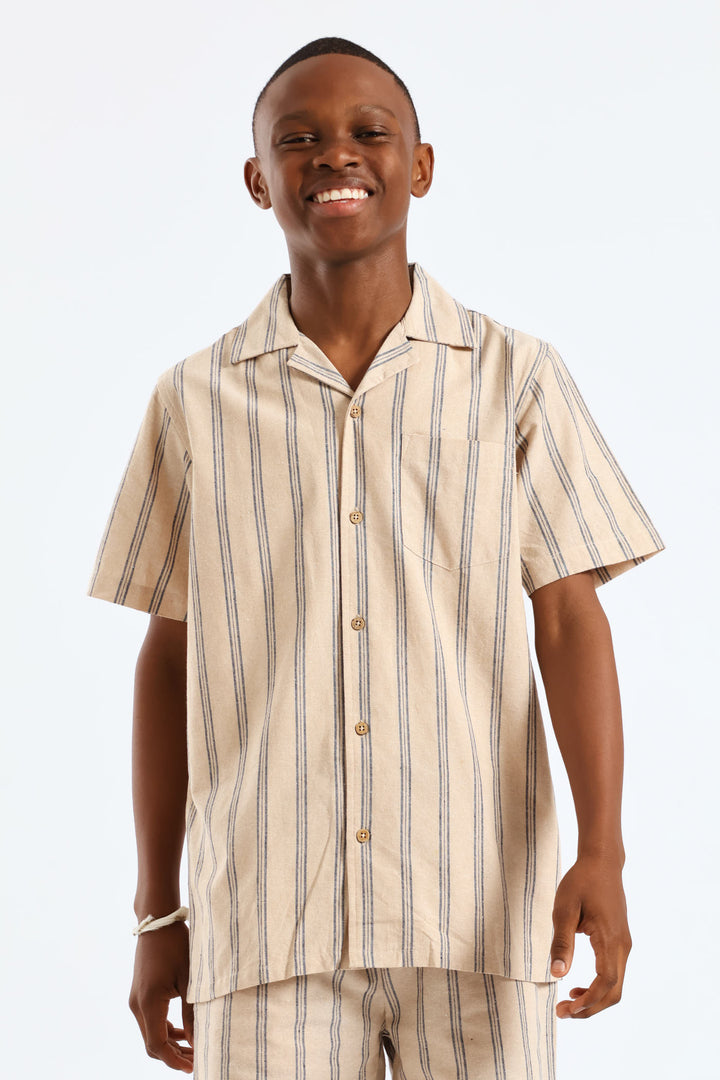 Boys Stripe Linen Blend Shirt - Stone/Blue