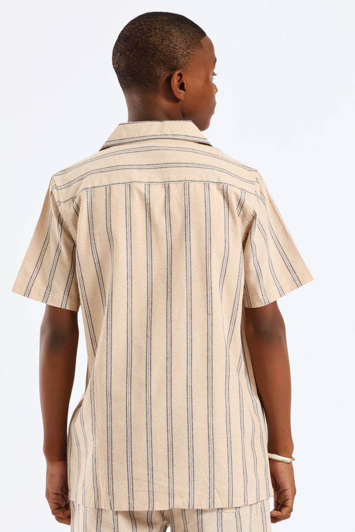 Boys Stripe Linen Blend Shirt - Stone/Blue