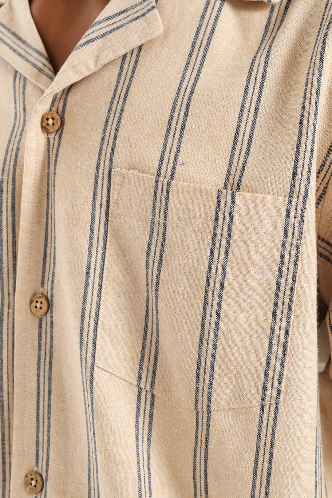 Boys Stripe Linen Blend Shirt - Stone/Blue