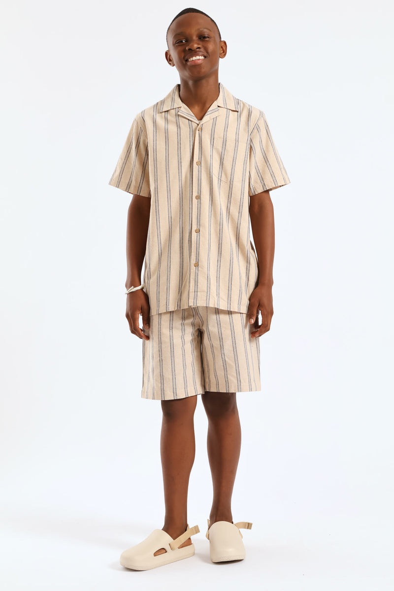 Boys Stripe Linen Blend Short - Stone/Blue