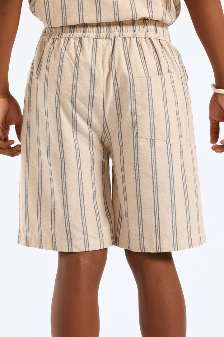 Boys Stripe Linen Blend Short - Stone/Blue