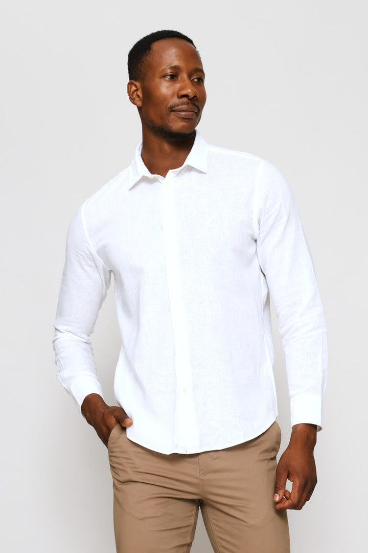 Long Sleeve Saxon Linen Shirt - White