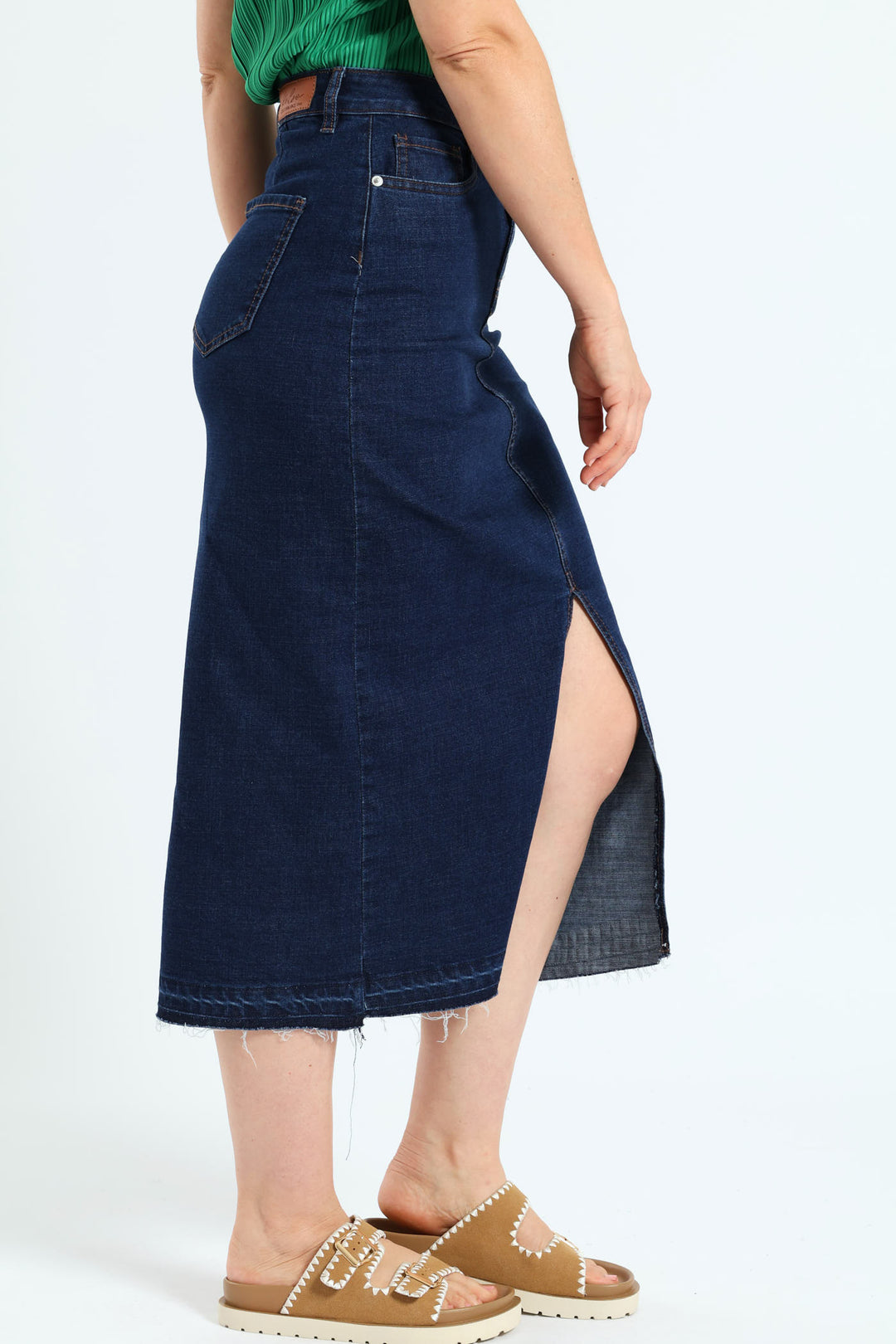 Raw Hem Front Slit Denim Midi Skirt - Dark Wash Ink