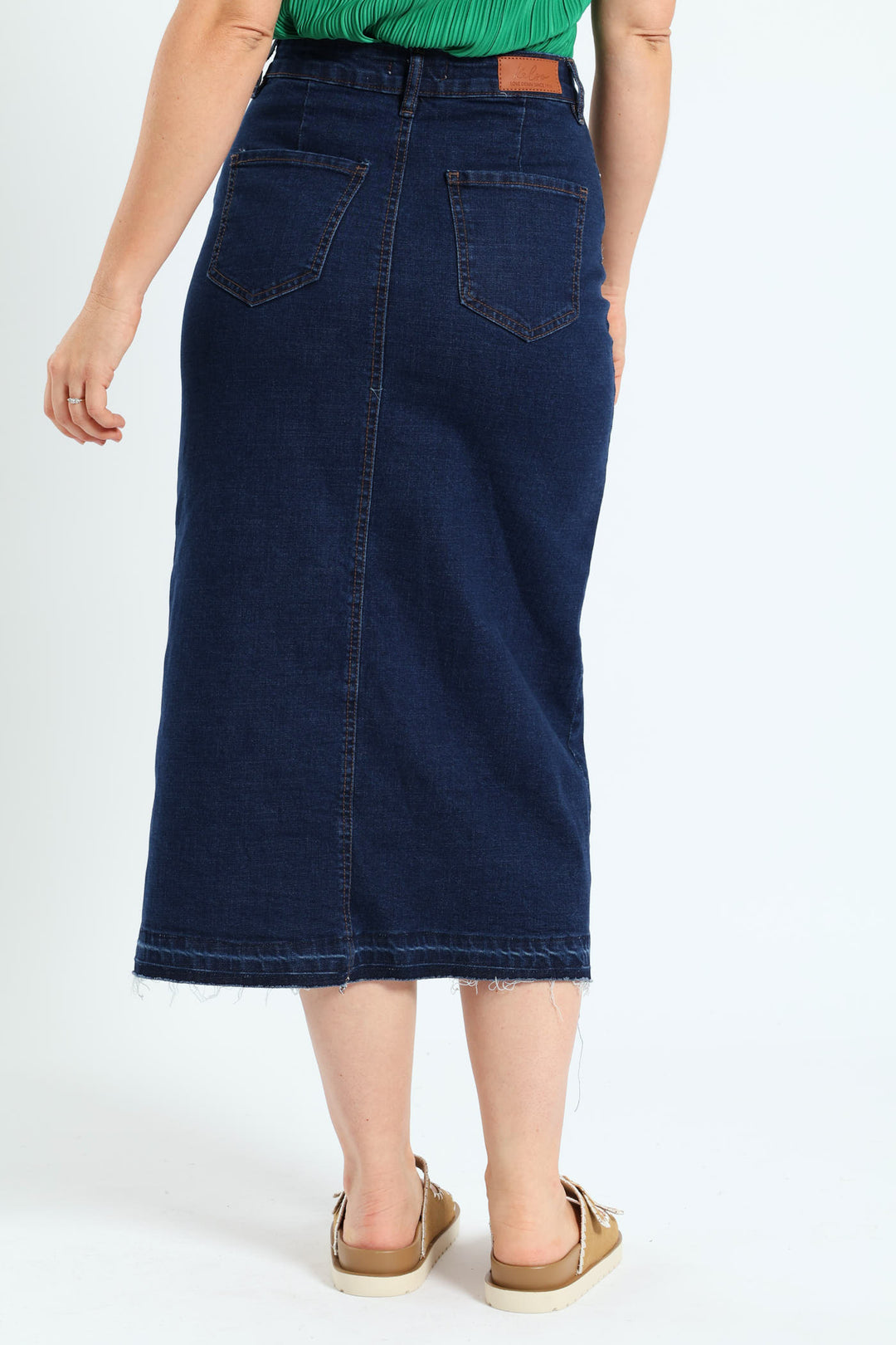Raw Hem Front Slit Denim Midi Skirt - Dark Wash Ink