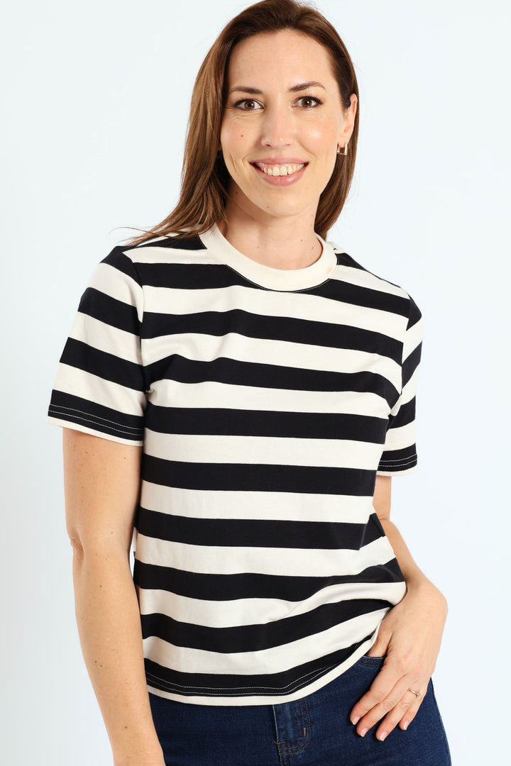 Plain Rib Neck Boxy Stripe Tee - Black/Beige