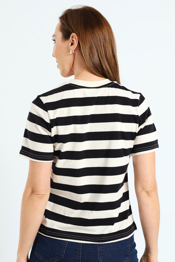 Plain Rib Neck Boxy Stripe Tee - Black/Beige