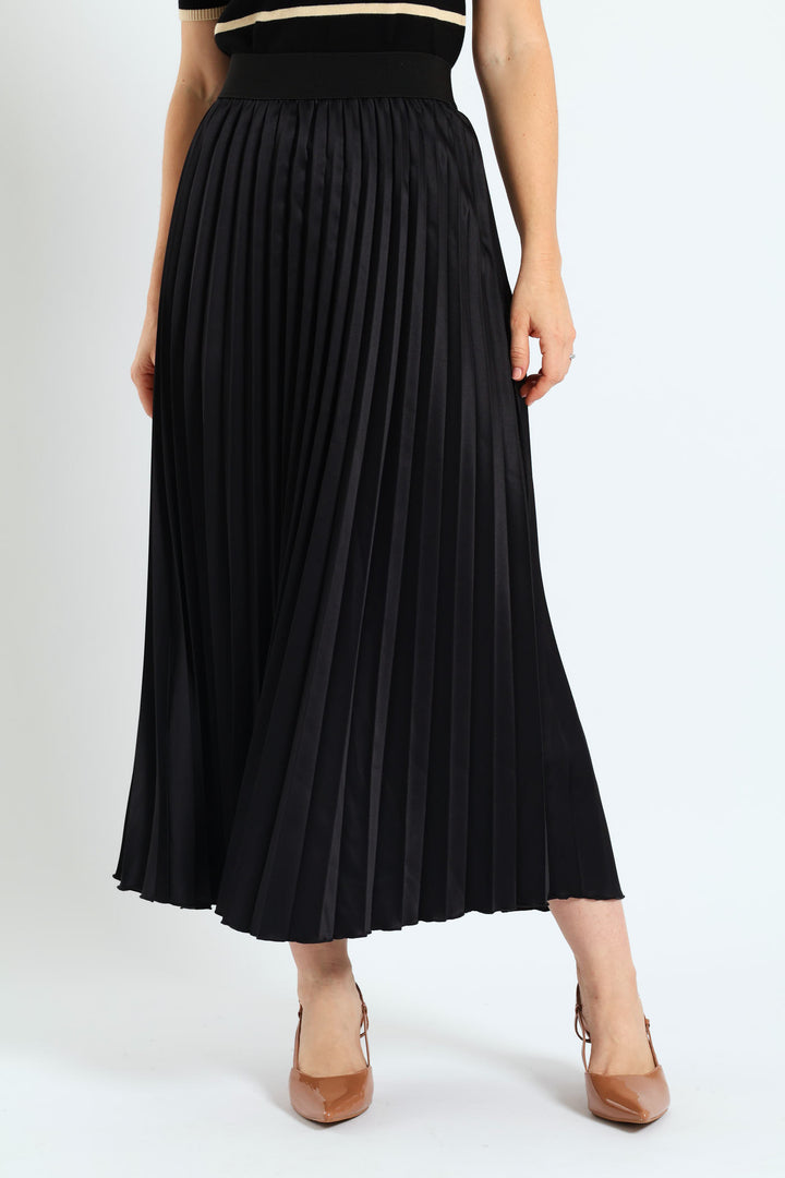 Elasticated Satin Pleated Maxi Skirt - Black