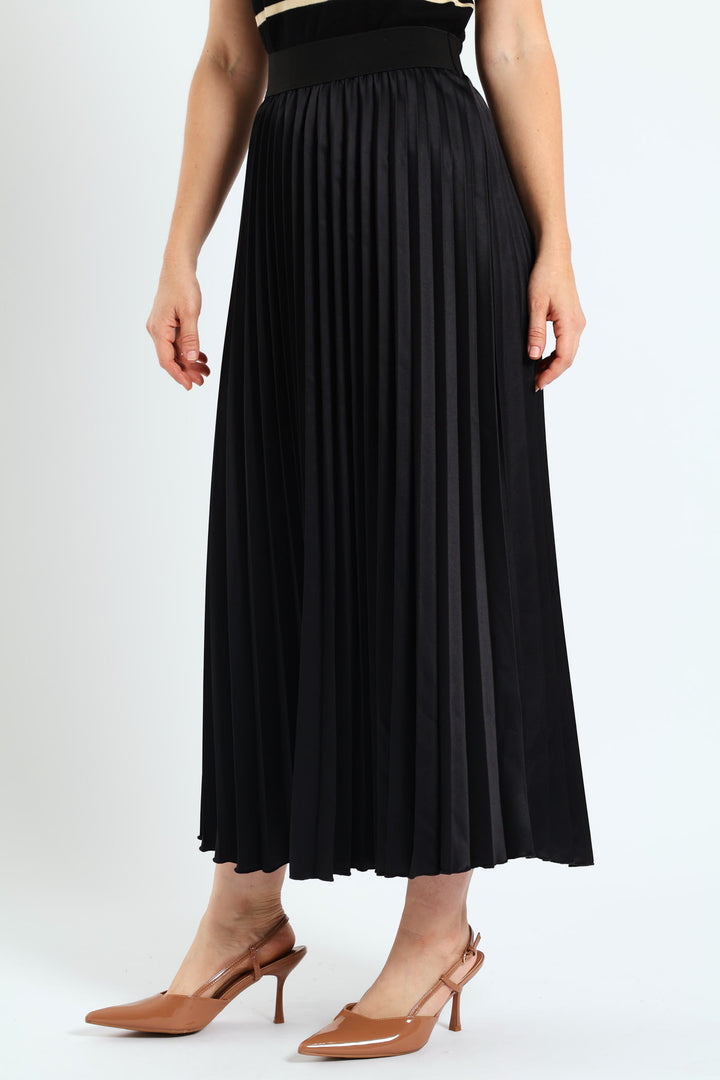 Elasticated Satin Pleated Maxi Skirt - Black
