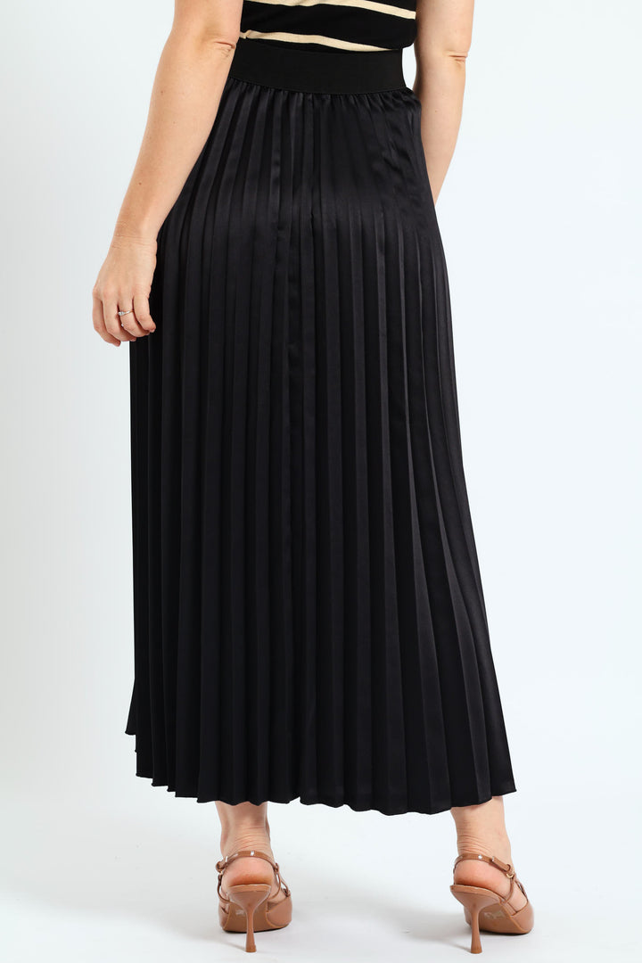 Elasticated Satin Pleated Maxi Skirt - Black