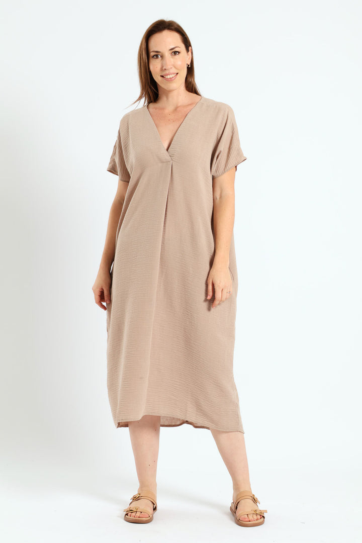 V-Neck Pleated Front Kaftan Maxi Dress - Stone