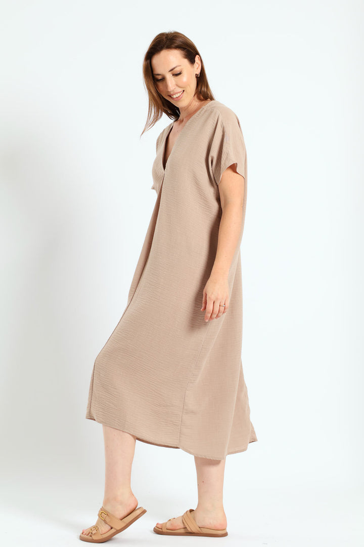 V-Neck Pleated Front Kaftan Maxi Dress - Stone