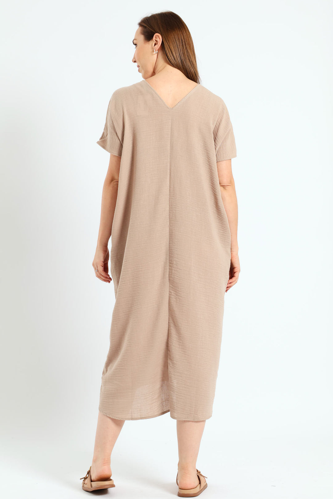 V-Neck Pleated Front Kaftan Maxi Dress - Stone