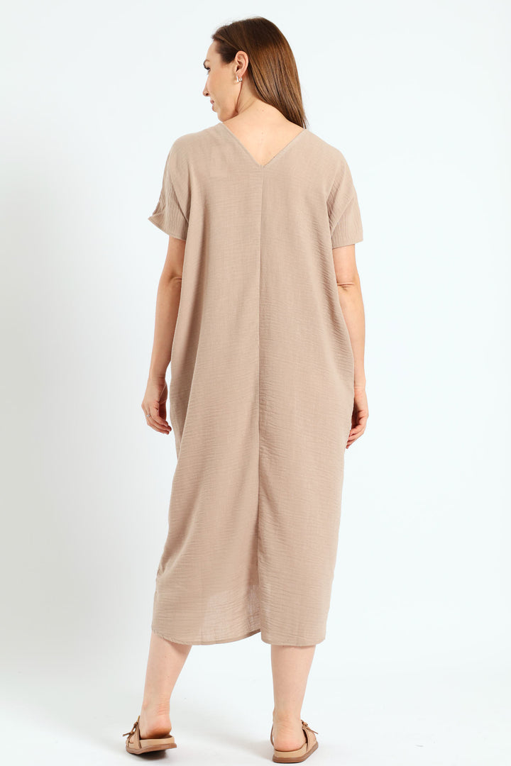 V-Neck Pleated Front Kaftan Maxi Dress - Stone