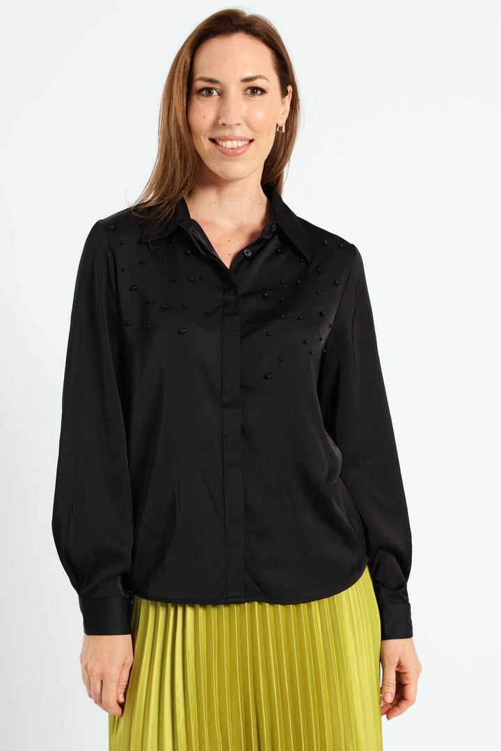 Long Sleeve Pearl Jewel Shirt - Black