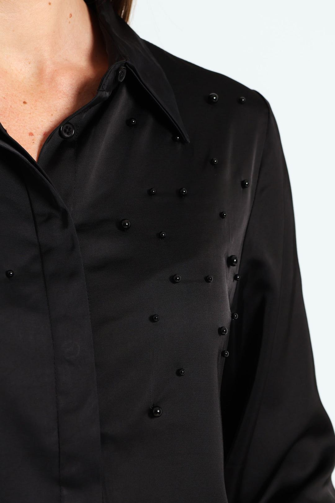 Long Sleeve Pearl Jewel Shirt - Black