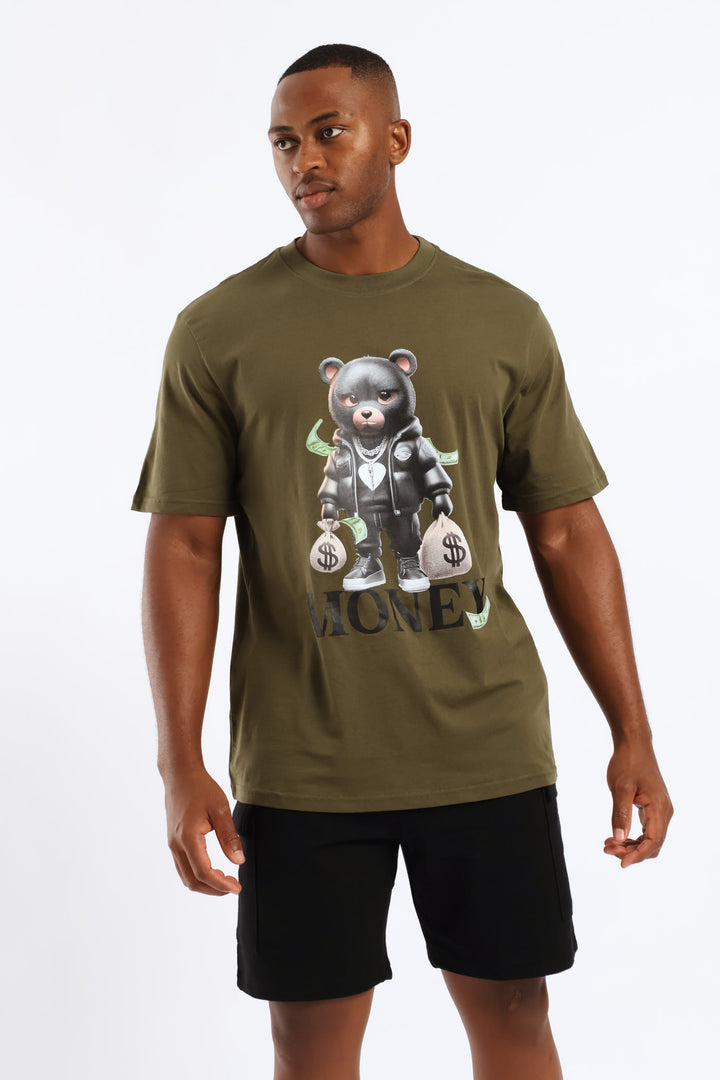 Gangsta Teddy Front Print Tee - Olive