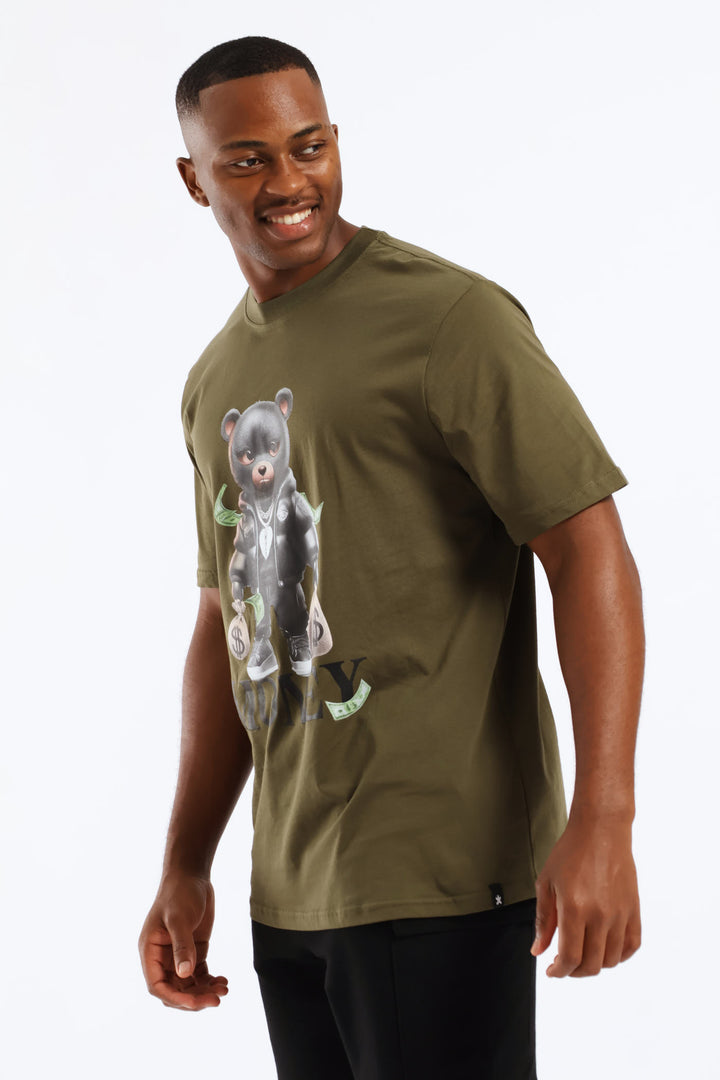 Gangsta Teddy Front Print Tee - Olive