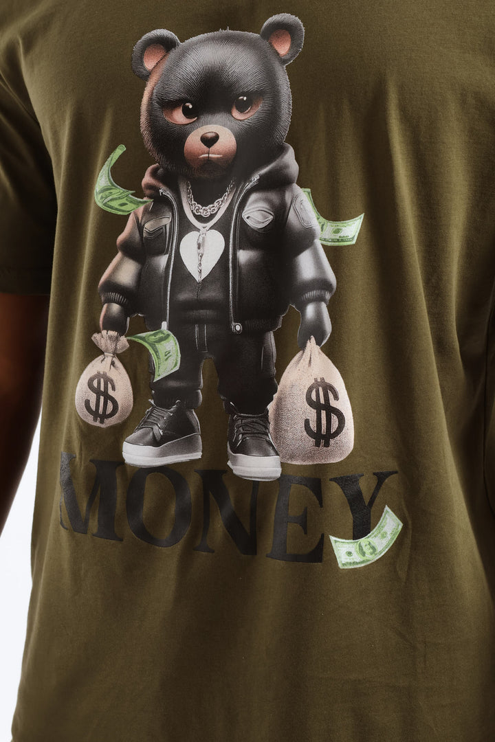 Gangsta Teddy Front Print Tee - Olive