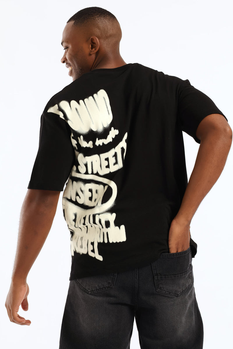 Side Print Oversized Tee - Black