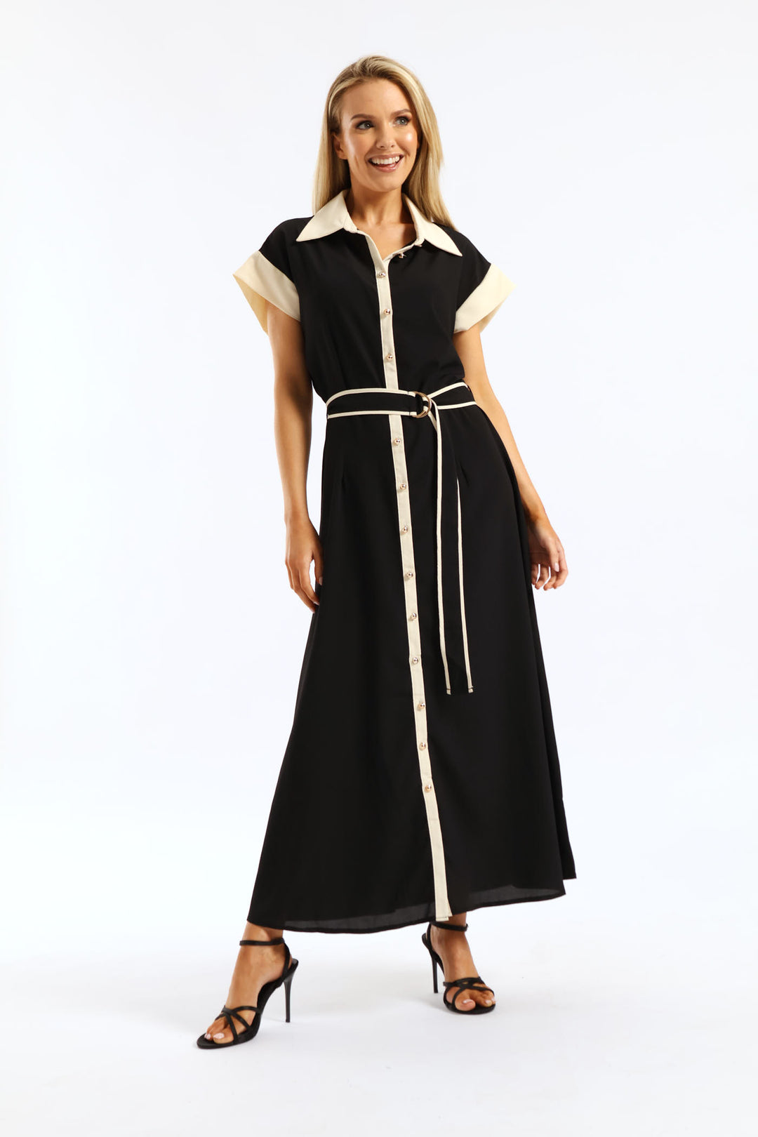 Contrast Shirt Maxi Dress - Black/Cream