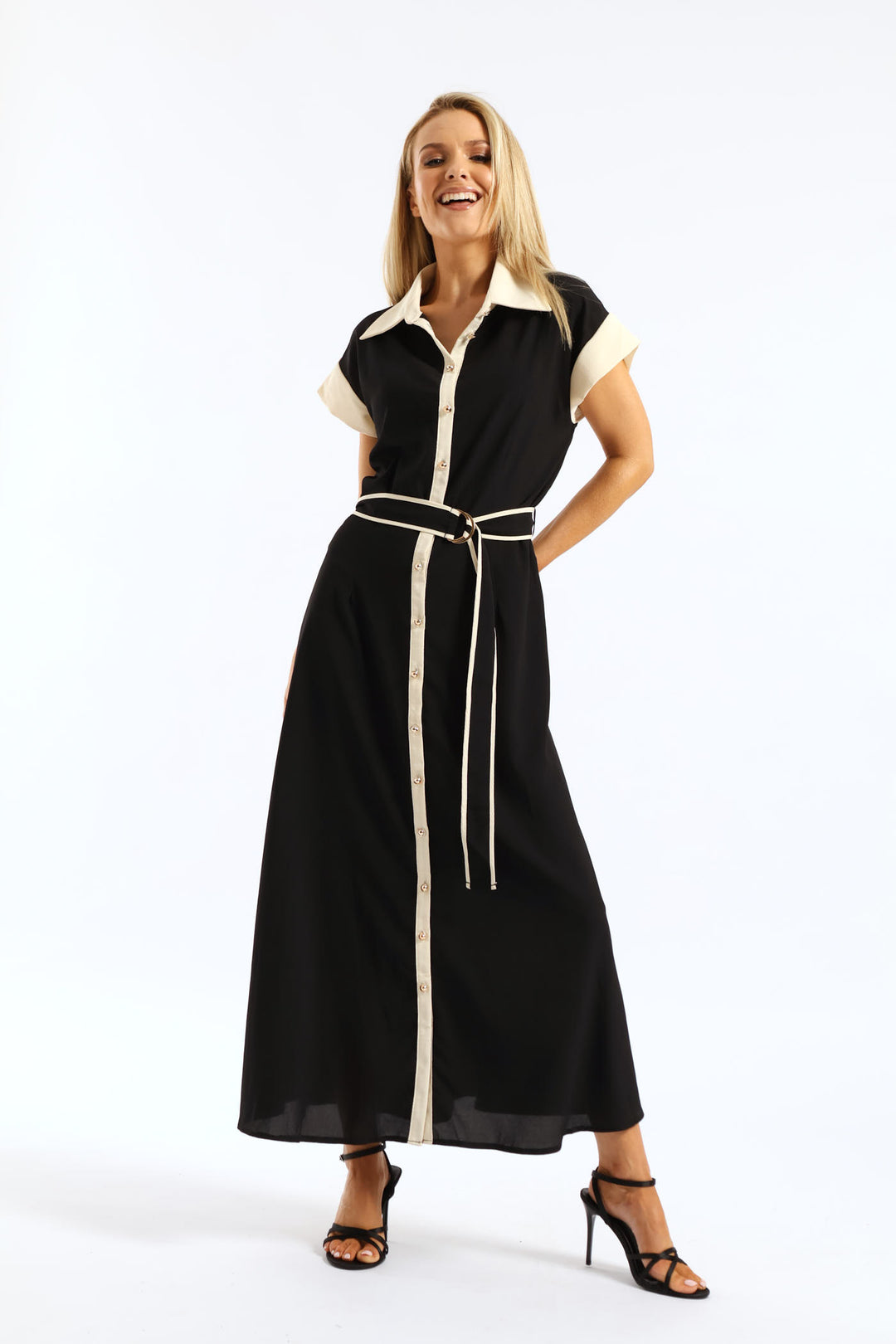 Contrast Shirt Maxi Dress - Black/Cream