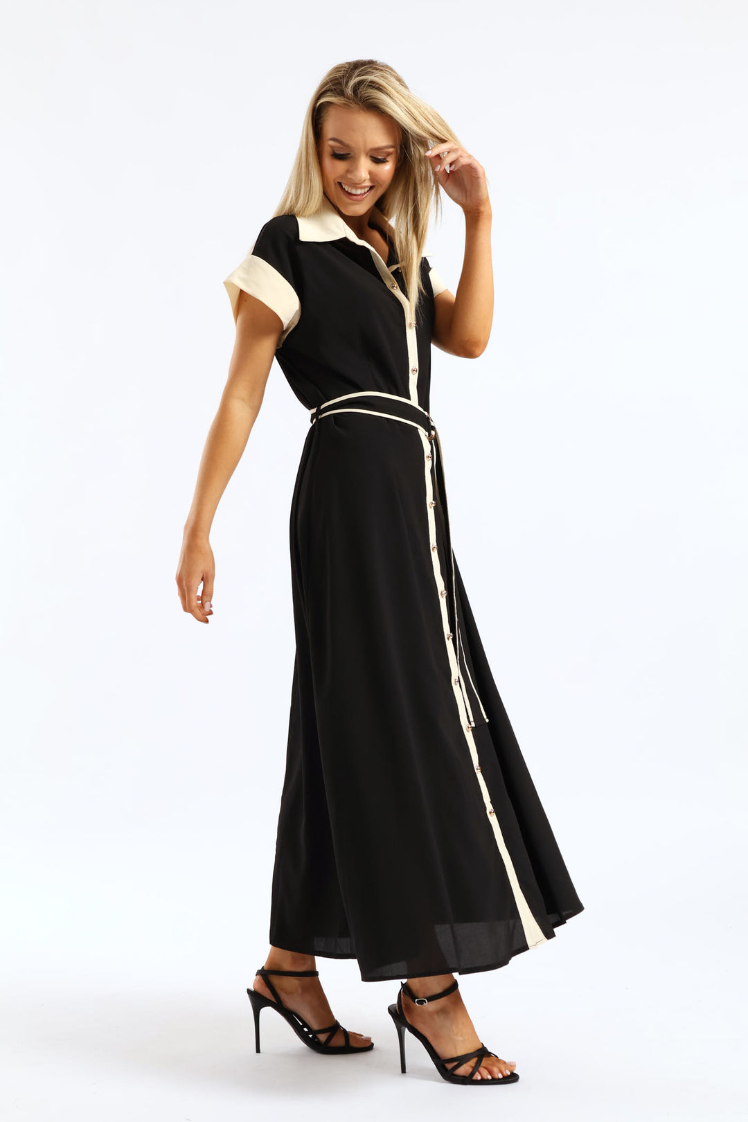 Contrast Shirt Maxi Dress - Black/Cream