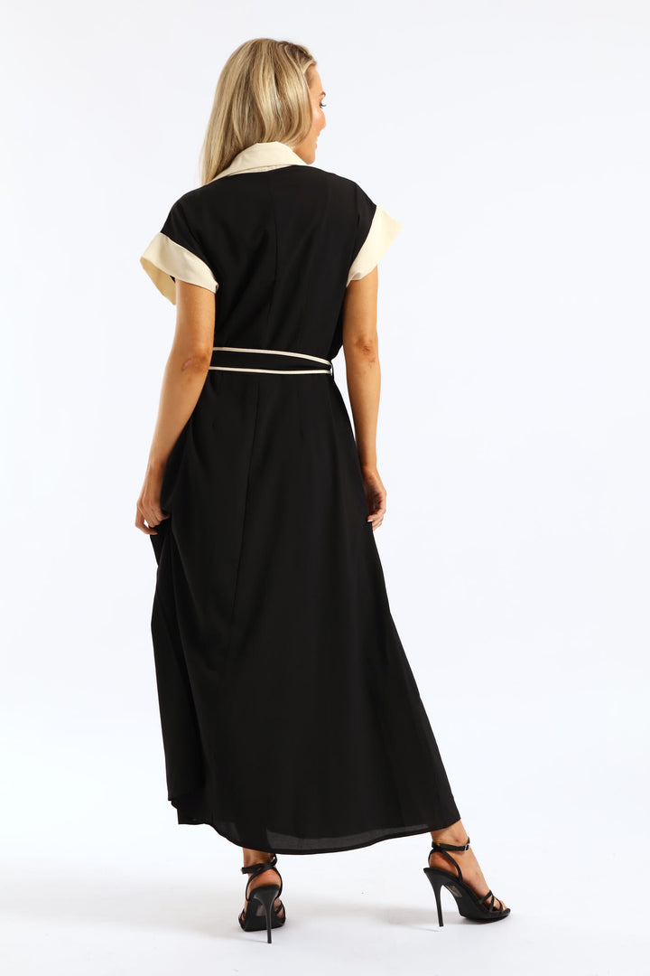 Contrast Shirt Maxi Dress - Black/Cream