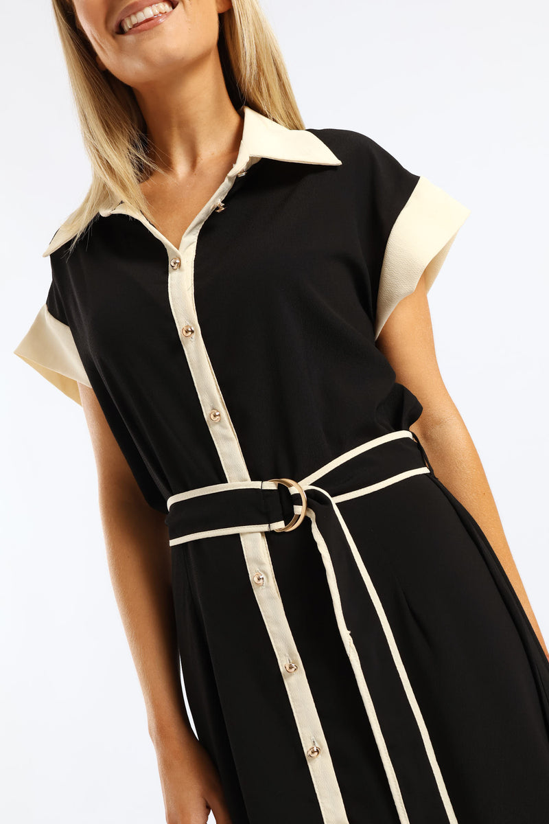Contrast Shirt Maxi Dress - Black/Cream