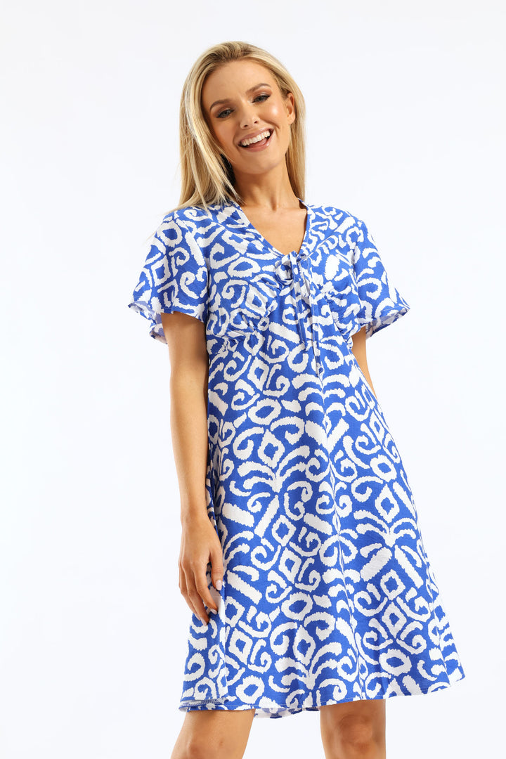 Flutter Sleeve Tie-Back Flare Mini Dress - Cobalt/White