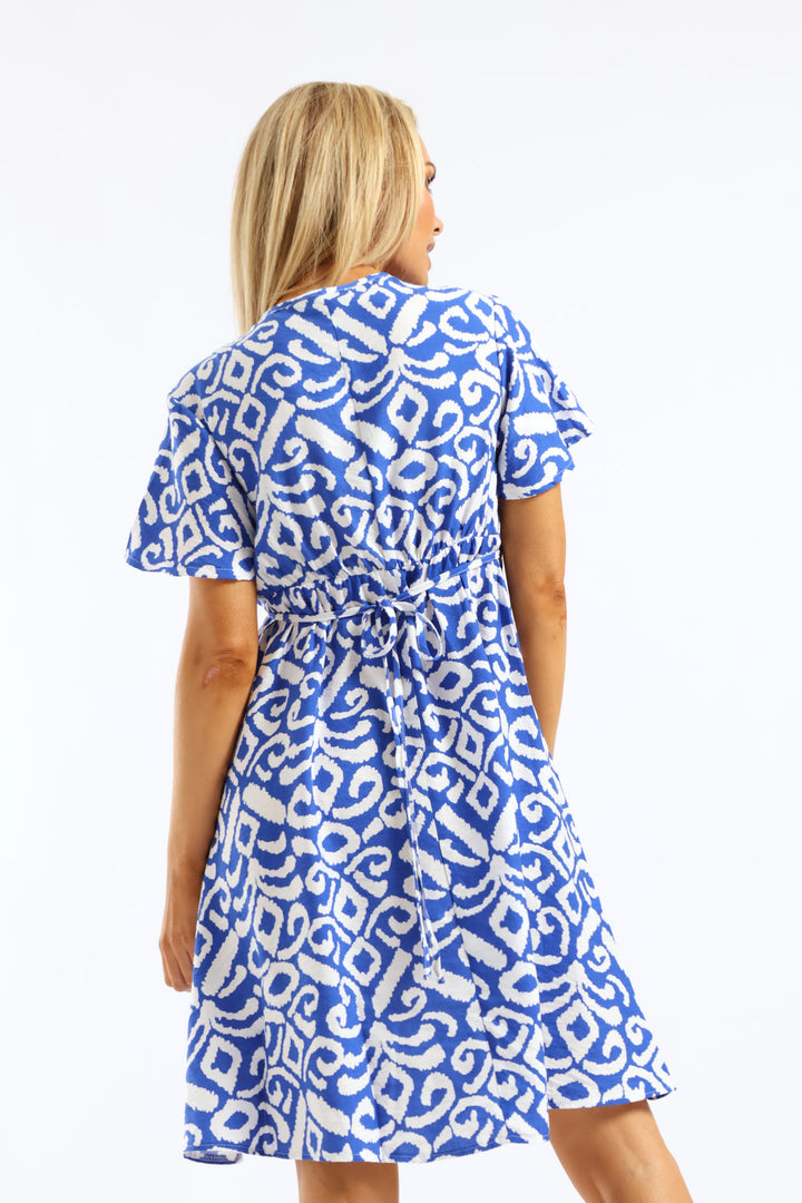 Flutter Sleeve Tie-Back Flare Mini Dress - Cobalt/White