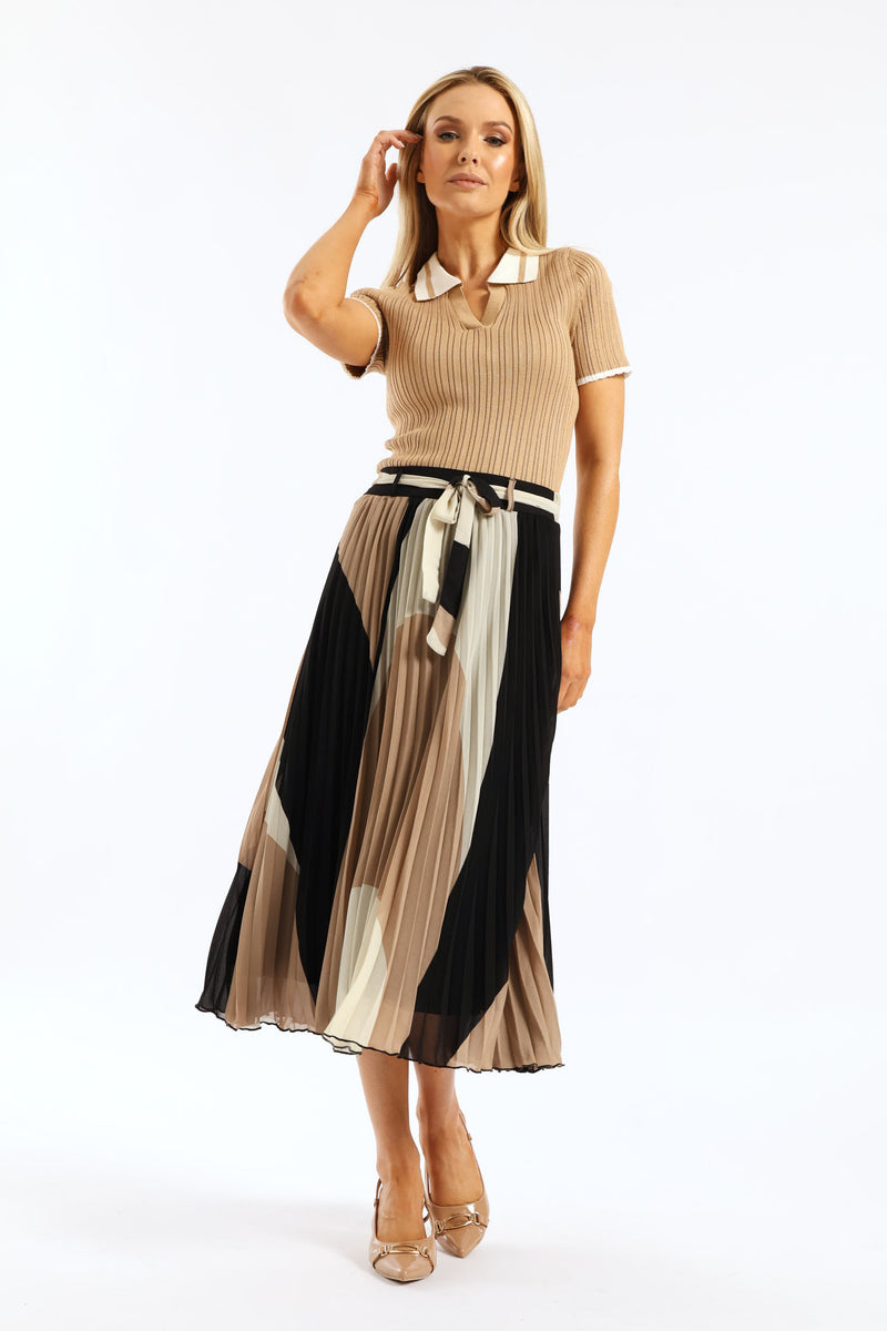 Abstract Chiffon Pleated Midi Skirt - Taupe/Cream