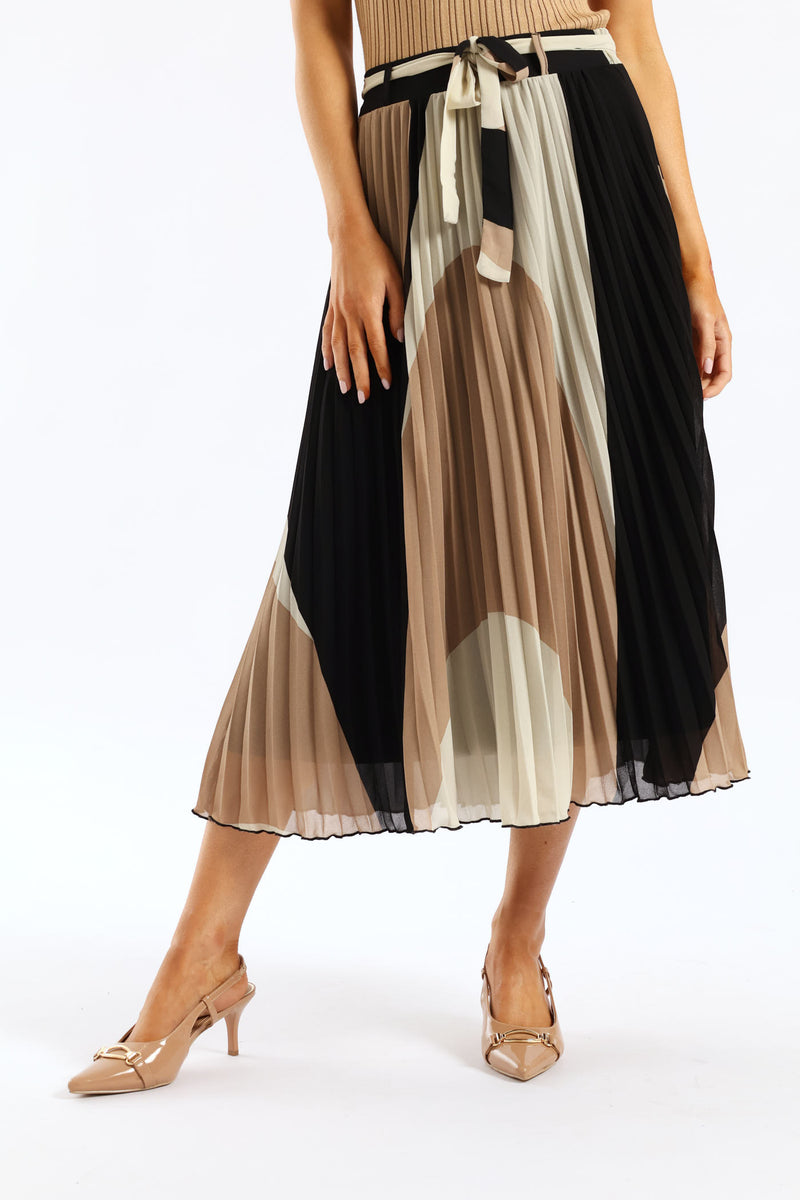 Abstract Chiffon Pleated Midi Skirt - Taupe/Cream