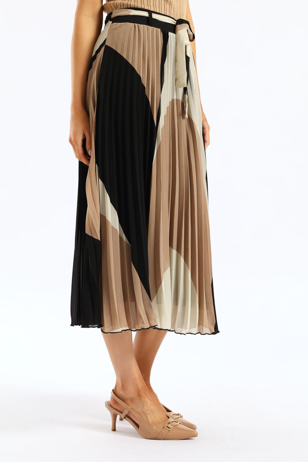 Abstract Chiffon Pleated Midi Skirt - Taupe/Cream