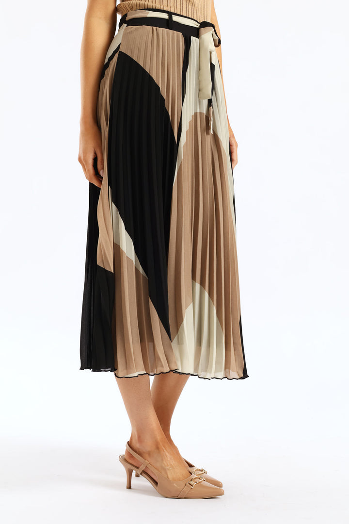 Abstract Chiffon Pleated Midi Skirt - Taupe/Cream