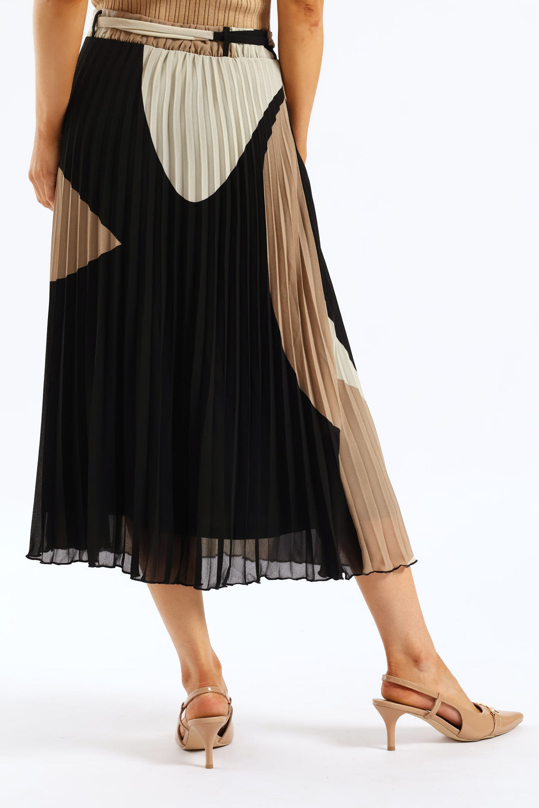 Abstract Chiffon Pleated Midi Skirt - Taupe/Cream