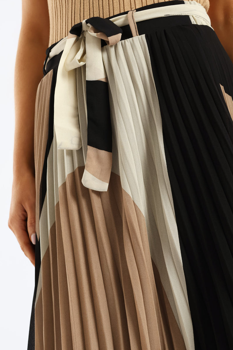 Abstract Chiffon Pleated Midi Skirt - Taupe/Cream