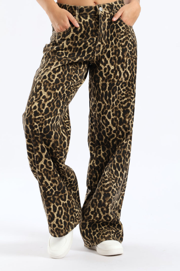 Mid Rise Baggy Animal Print Pant - Brown