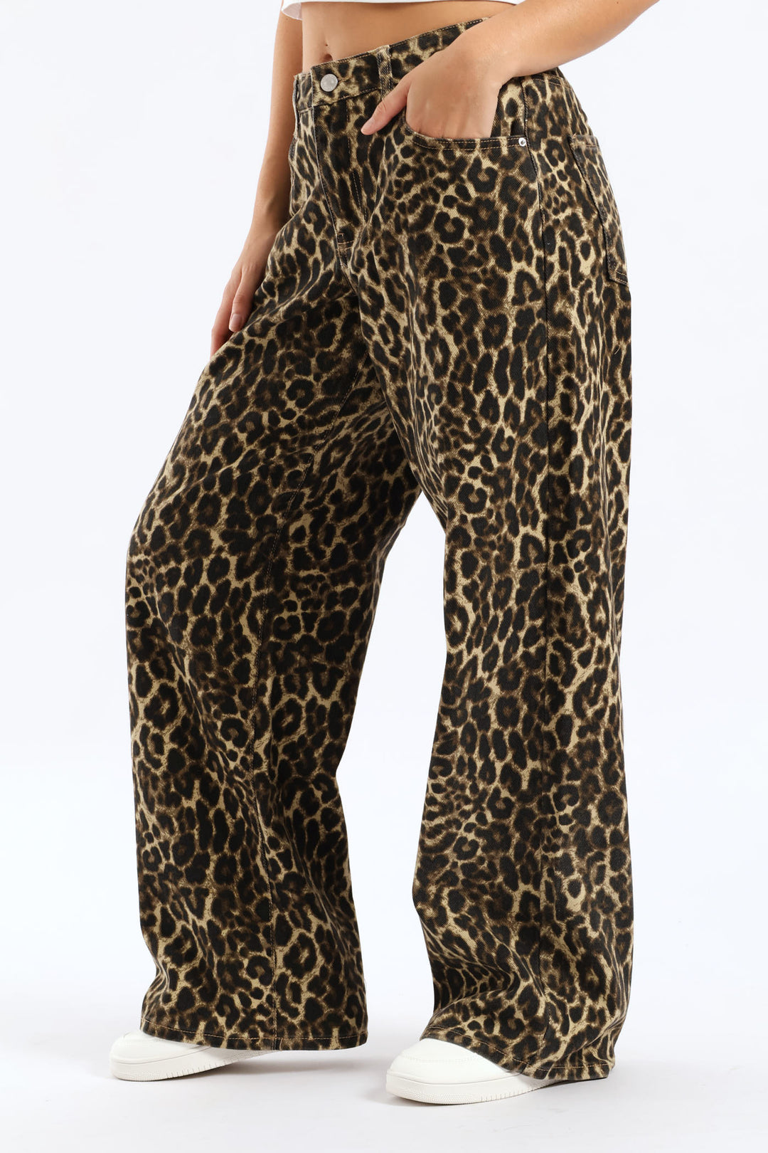 Mid Rise Baggy Animal Print Pant - Brown