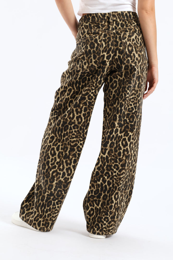 Mid Rise Baggy Animal Print Pant - Brown